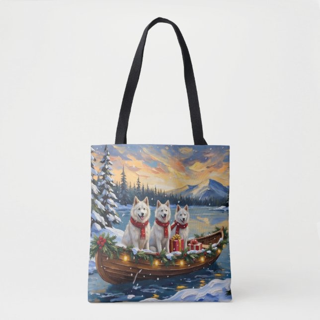 Bolso De Tela White American Eskimo Dog Christmas Boat Holiday (Anverso)