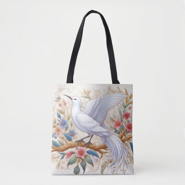 Bolso De Tela White Bird and Golden Branch with Vibrant Blossoms (Anverso)