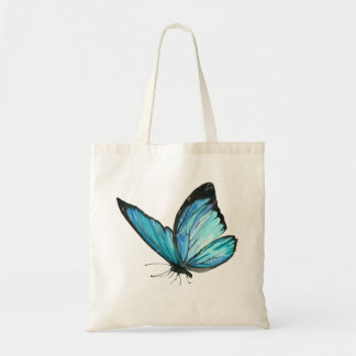 Bolso De Tela White Tote Bag with Blue Butterfly & Blue Flowe