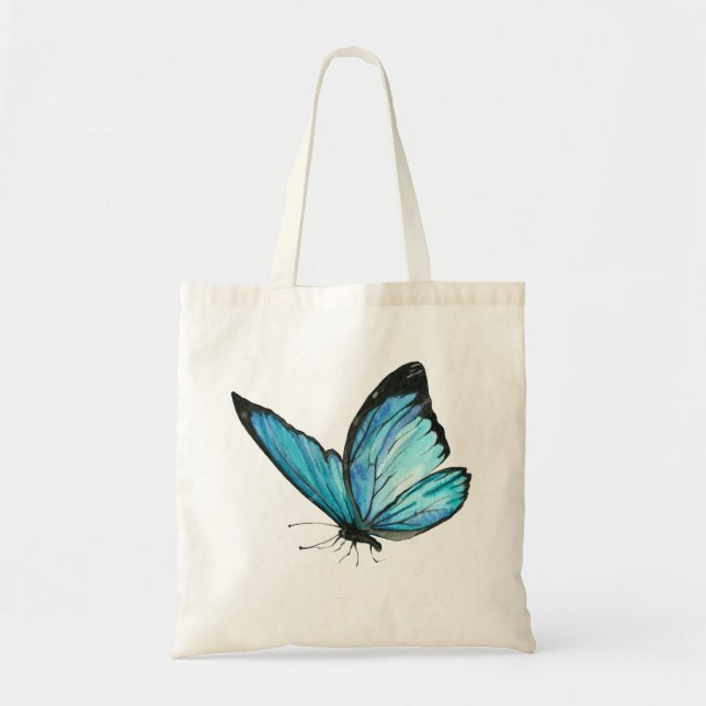 Bolso De Tela White Tote Bag with Blue Butterfly & Blue Flowe (Frente)