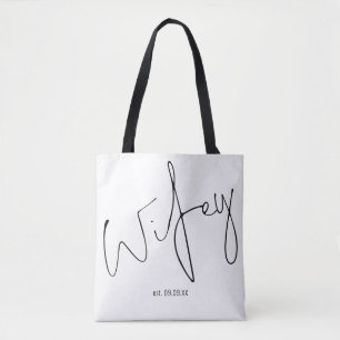 Bolso De Tela Wifey Handwriter Script Boda Fecha Keepsake
