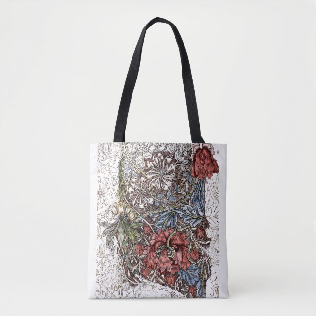 Bolso De Tela William morris flores ilustracion floral blu rojo (Anverso)