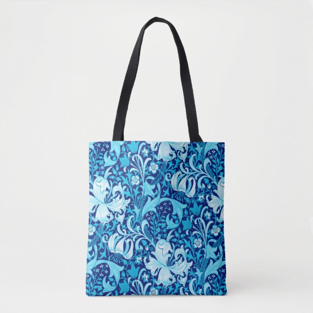 Bolso De Tela William Morris Iris y Lily, Indigo Azul y Blanco (Anverso)