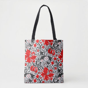 Bolso De Tela William Morris Iris y Lily, Negro, Blanco y Rojo