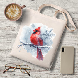 Bolso De Tela Winter Cardinal with Snowflakes on Icy Branch
