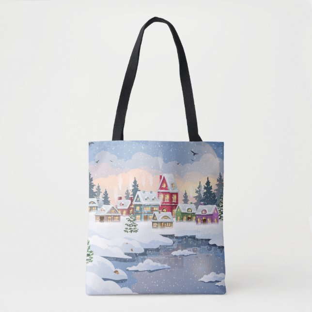 Bolso De Tela Winter Christmas landscape with snow-covered house (Anverso)