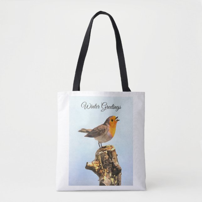 Bolso De Tela Winter Greetings. Robin singing  (Anverso)