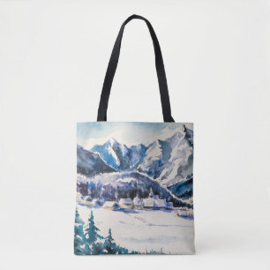 Bolso De Tela Winter landscape with mountain village covered wit