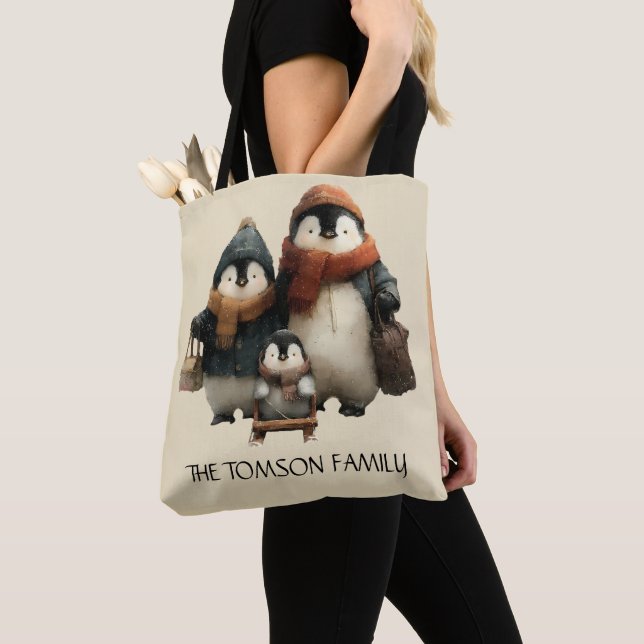 Bolso De Tela Winter Penguin Family Personalized Design (Detalle)