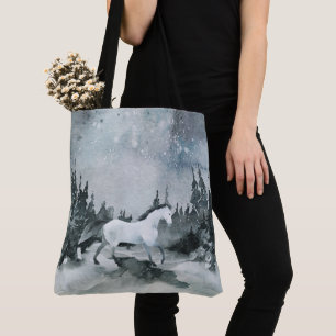 Bolso De Tela Winter Woodland Forest White Horse Night Sky
