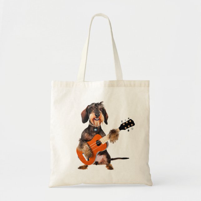 Bolso De Tela Wirehair Dachshund Tocando Guitarra Acústica (Frente)
