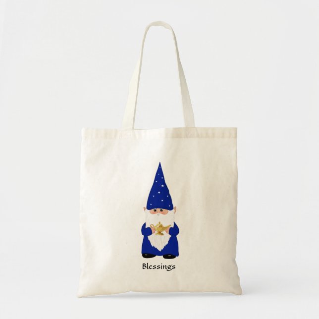 Bolso De Tela Wise Gnome vestido de azul con lámpara (Frente)