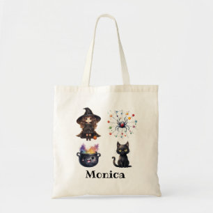 Bolso De Tela Witch Black Cat Cauldron Witchcraft Halloween Name