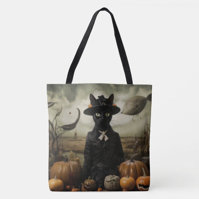 Bolso De Tela Witch Cat with Pumpkins  (Anverso)
