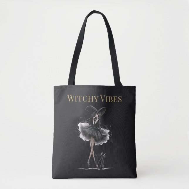 Bolso De Tela Witchy Vibes Dark Edition – Gothic Witch & Cat (Anverso)