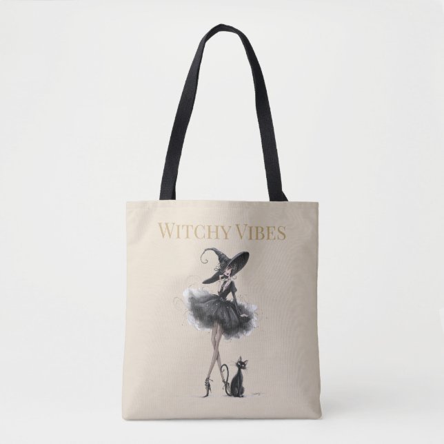 Bolso De Tela Witchy Vibes Light Edition – Gothic Witch & Cat (Anverso)