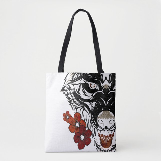 Bolso De Tela Wolf Flower Tatoo Vintage (Anverso)