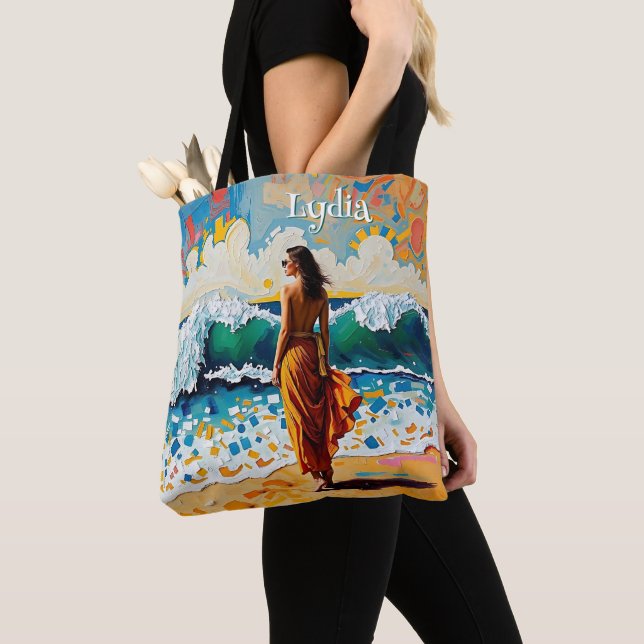 Bolso De Tela Woman on Beach Abstract Seaside Art Personalized (Detalle)