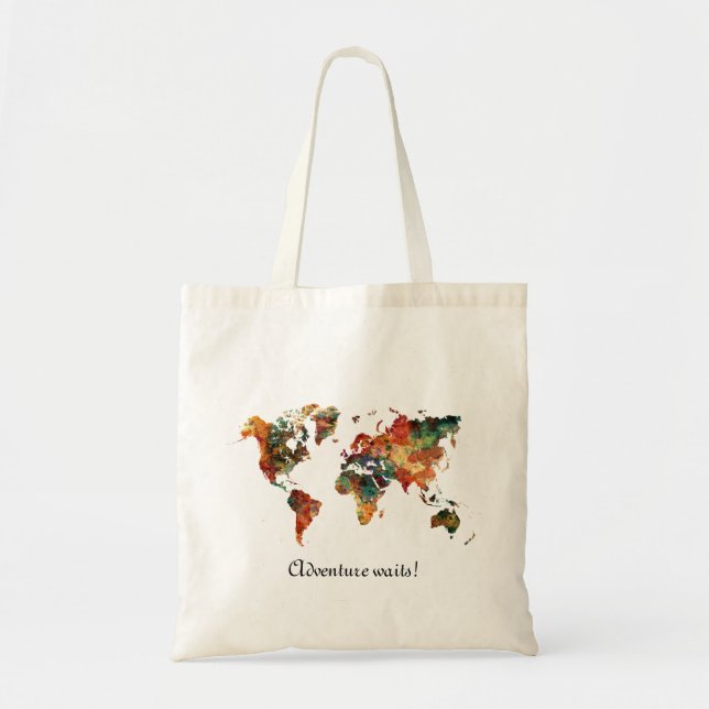 Bolso De Tela World Map Watercolor Painting ADVENTURE (Frente)