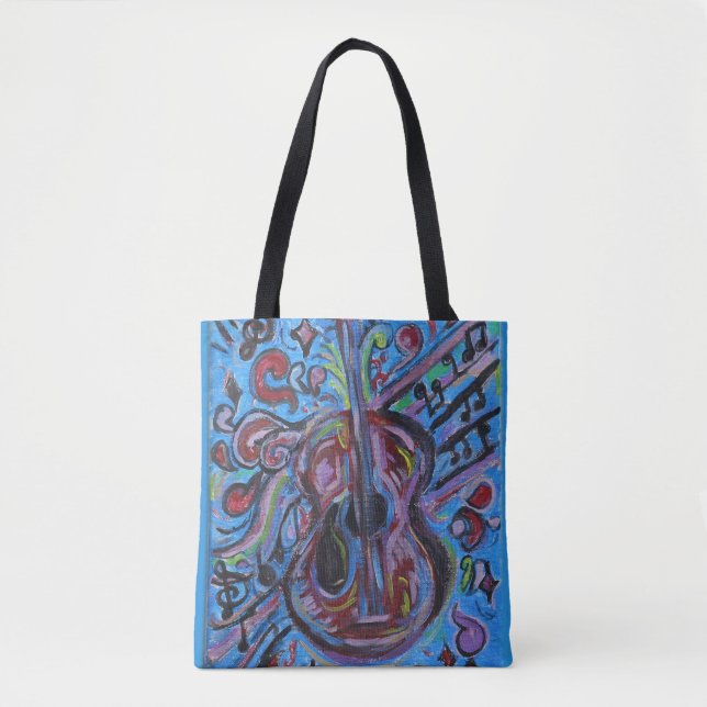 Bolso De Tela Wow Jazzy Blue Guitar Folk Art (Anverso)