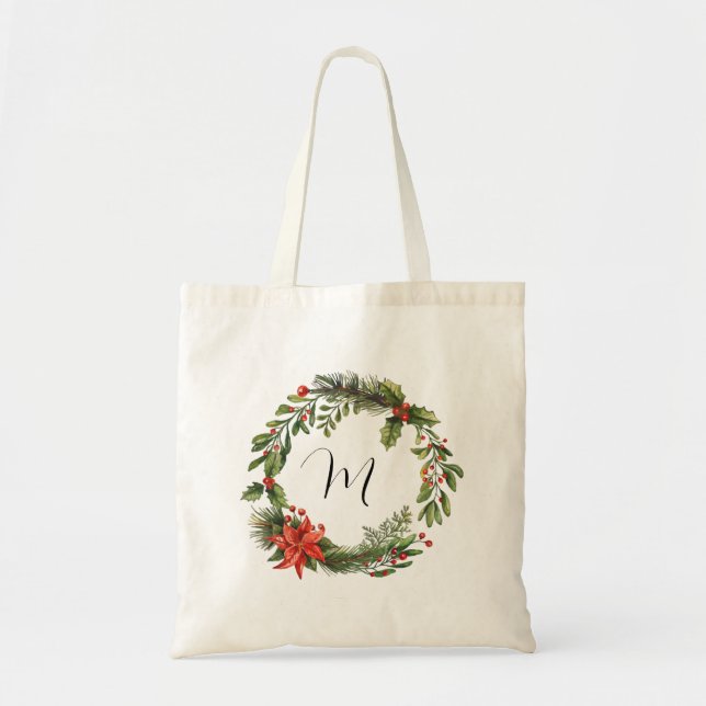 Bolso De Tela Wreath de Navidades botánicos de monograma (Frente)