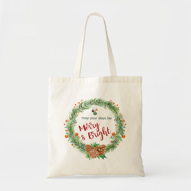 Bolso De Tela Wreath de Navidades merry y brillantes (Frente)