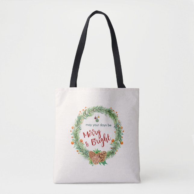 Bolso De Tela Wreath de Navidades merry y brillantes (Anverso)