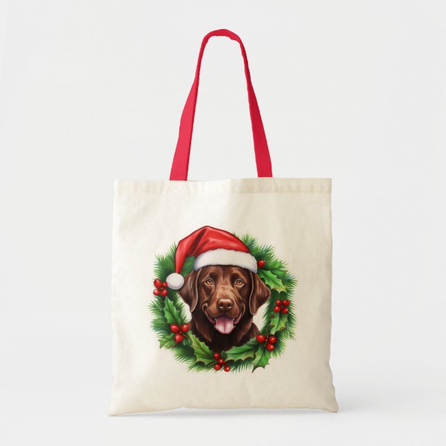 Bolso De Tela Wreath de Navidades recuperadores de Chocolate Lab (Frente)