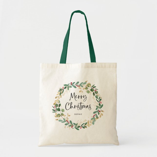 Bolso De Tela Wreath y guión modernos | Feliz Navidad (Frente)