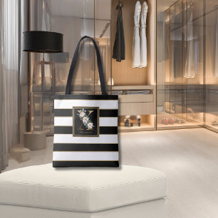 Bolso De Tela X Monograma Floral de Oro Rayas Negras Blancas y