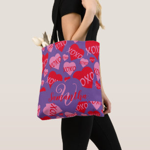 Bolso De Tela XOXO Patrón rojo rosa del corazón Monograma Púrpur