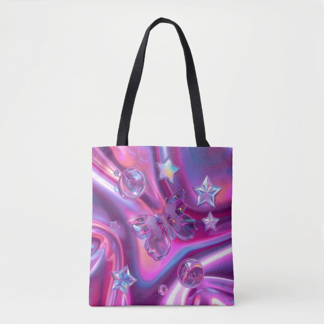 Bolso De Tela Y2K Chrome Butterfly Tote Bag | Holographic Pink (Anverso)
