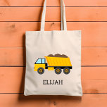 Bolso De Tela Yellow Dump Truck Kids Personalized Construction<br><div class="desc">This kids' tote bag features an illustration of a yellow dump truck. Personalize it with your child's name in black letters. Makes a great book bag!</div>