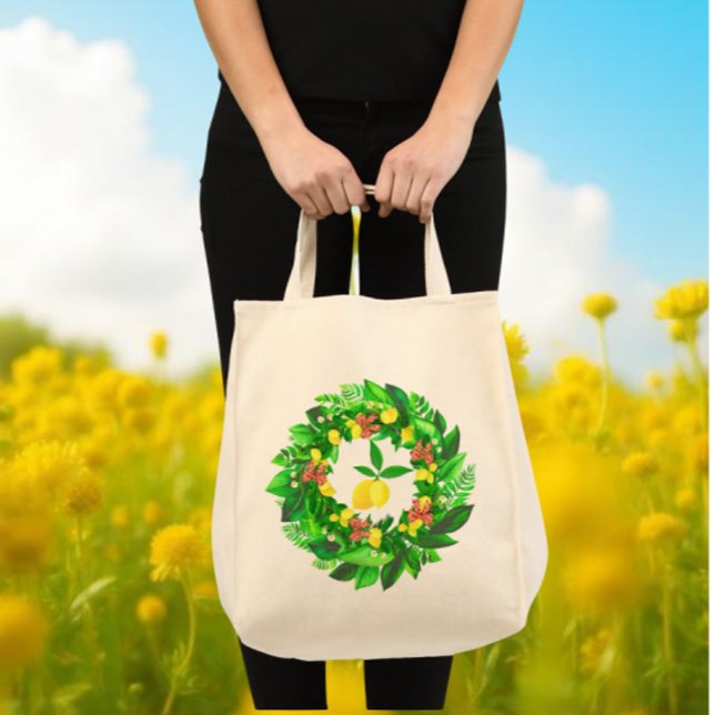 Bolso De Tela Yellow Lemon Wreath  (Budget tote bag makes a great gift for Mothers Day!)
