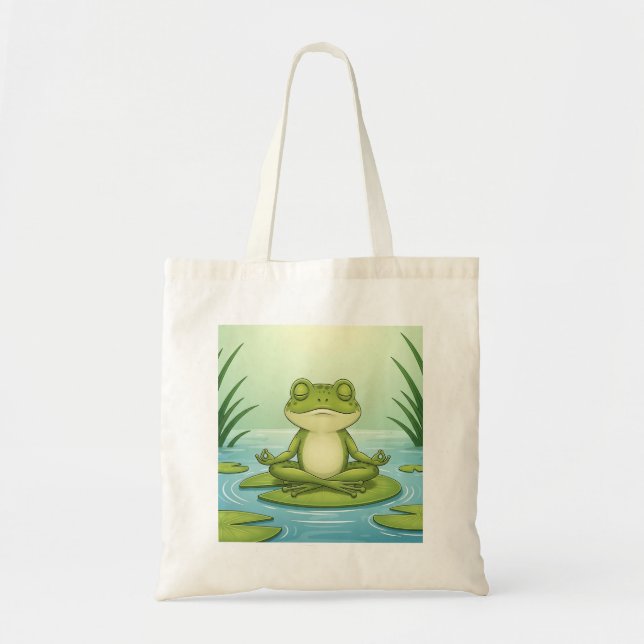 Bolso De Tela Zen Frog Meditating on Lily Pad – Peaceful Yoga Ca (Frente)