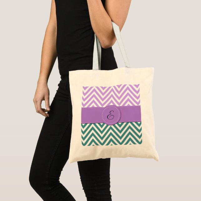 Bolso De Tela Zigzag azul, zigzag morado, chevron, monograma (Anverso (producto))