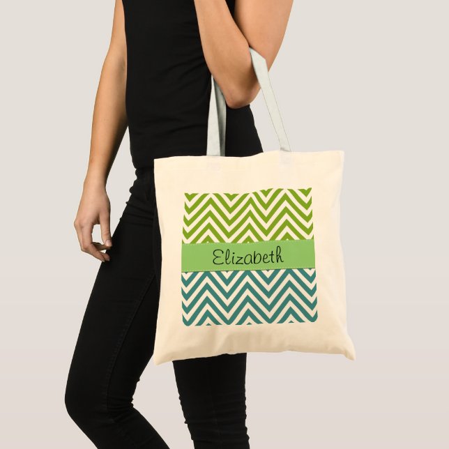 Bolso De Tela Zigzag Azul, Zigzag Verde, Chevron, Su Nombre (Anverso (producto))