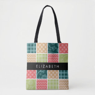 Bolso De Tela Zigzag, Chevron, Gingham, Puntos Polka, Tu Nombre