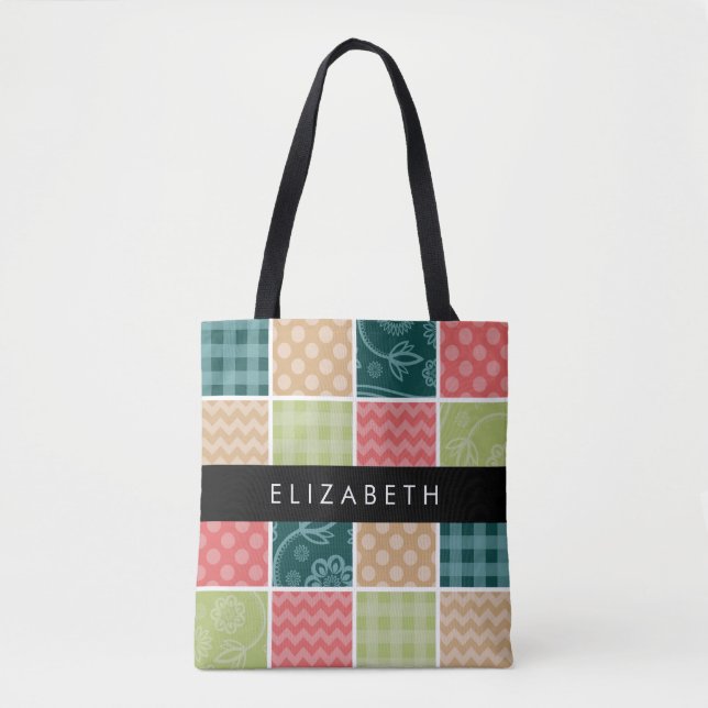 Bolso De Tela Zigzag, Chevron, Gingham, Puntos Polka, Tu Nombre (Anverso)