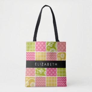 Bolso De Tela Zigzag, Chevron, Polka Dots, Gingham, Su Nombre