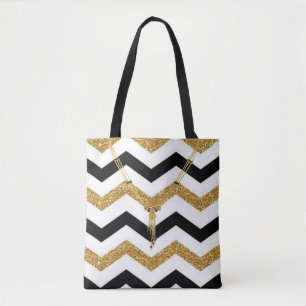 Bolso De Tela Zigzag dorado, blanco y negro con collar