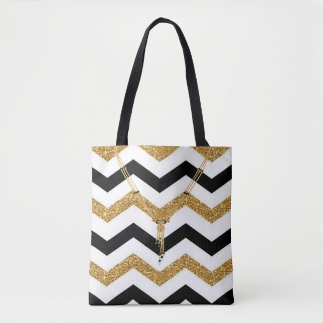 Bolso De Tela Zigzag dorado, blanco y negro con collar (Anverso)