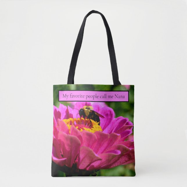 Bolso De Tela Zinnia rosa con abejorro, flores rosas, abeja lind (Anverso)