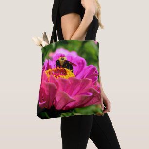 Bolso De Tela Zinnia rosa con abejorro, flores rosas, abeja lind