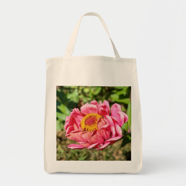 Bolso De Tela Zinnia rosa con alfombra del centro amarillo (Frente)
