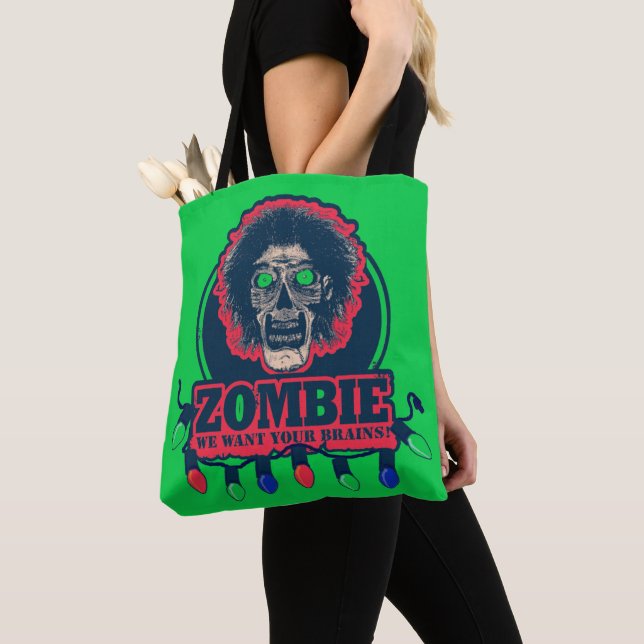 Bolso De Tela Zombie - Queremos tus cerebros - verde y rojo (Detalle)