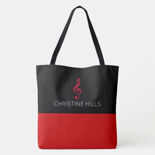 bolso de tote rojo / negro con nombre + nota music (Reverso)