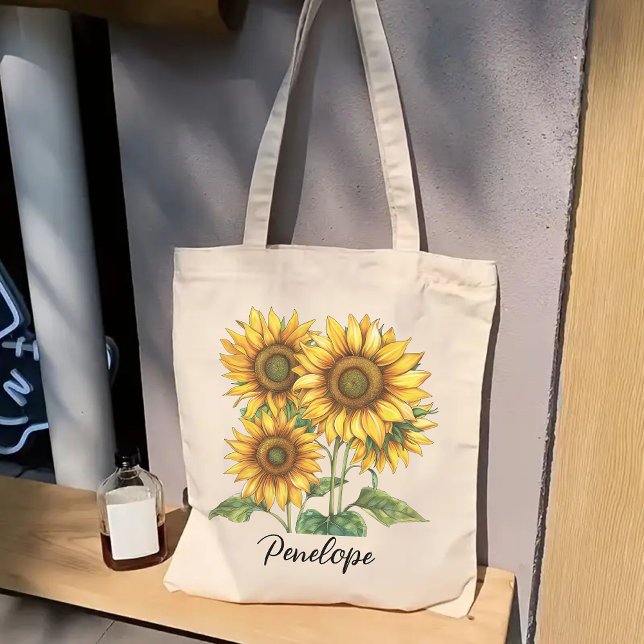 Bolso Personalizado de Girasoles, Regalo para Dama (custom name tote bag, bridesmaids gift tote, student tote bag, birthday gift tote, gift for her)