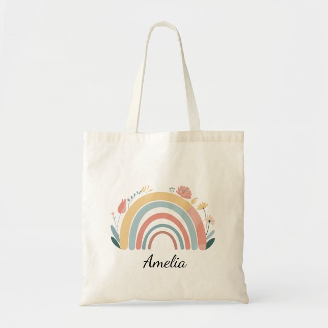 Bolso tote boho floral chic arcoíris minimalista (Frente)