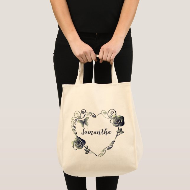 Bolso tote con corazón de rosa y nombre (Anverso (producto))